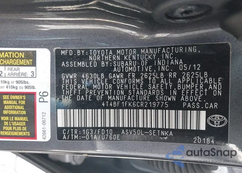 2012 Toyota Camry Le from USA, damaged, VIN 4T4BF1FK6CR219775